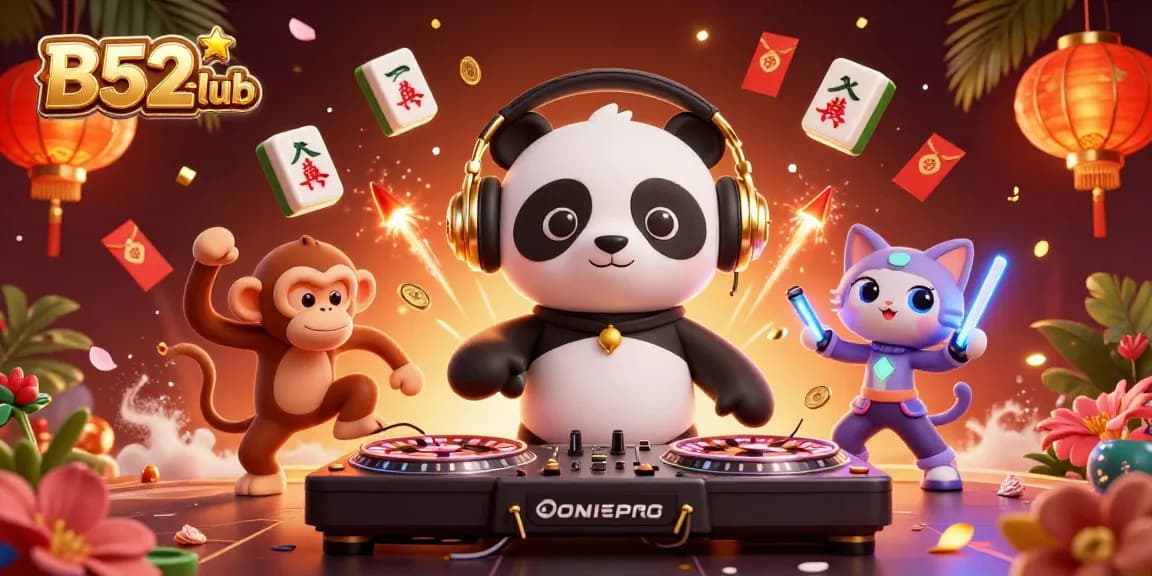Experience exciting games at B52club in a vibrant, dynamic casino scene featuring playful characters.