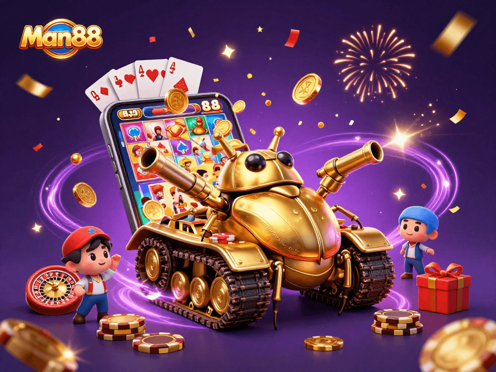 Experience the excitement of Man88 with a golden beetle tank revealing a lively casino adventure.