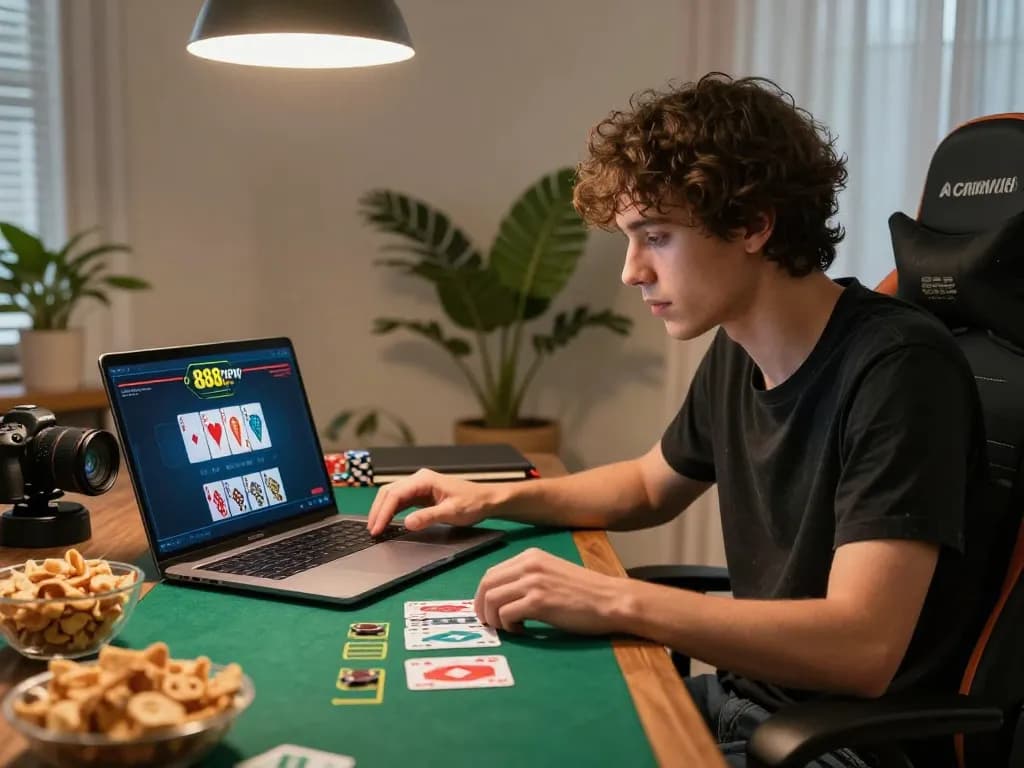 Exciting moment at the 888new casino with a player focused on an online blackjack game.