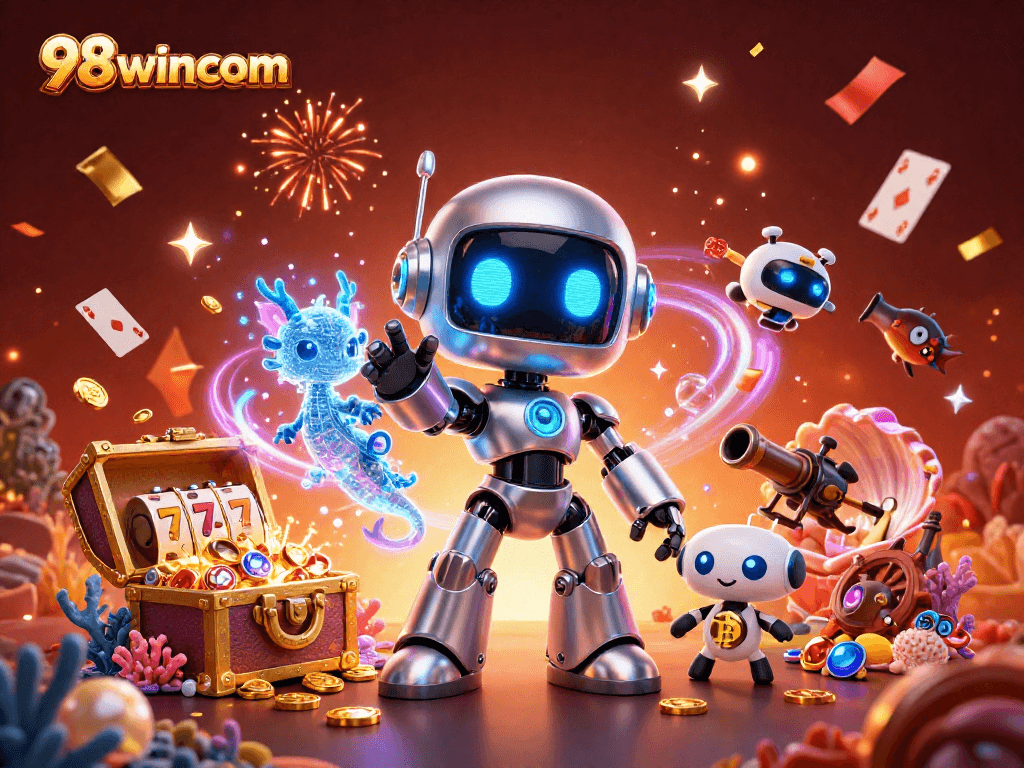 Engage with 98wincom in this vibrant 3D casino scene featuring playful characters and a thrilling atmosphere.