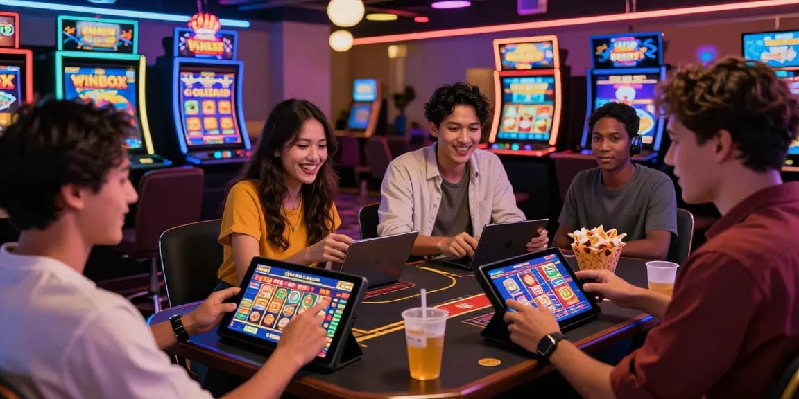 Friends enjoying Winbox Malaysia online casino games on mobile devices in a vibrant atmosphere