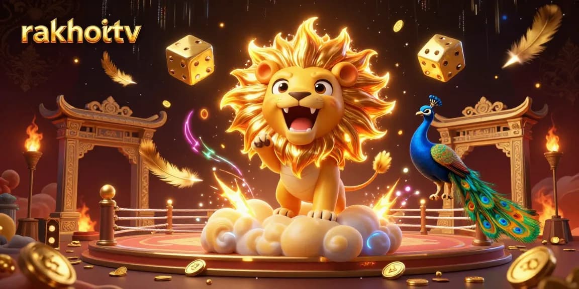 Experience stunning gameplay at rakhoitv with a roaring lion and cosmic dice in a lavish casino scene.