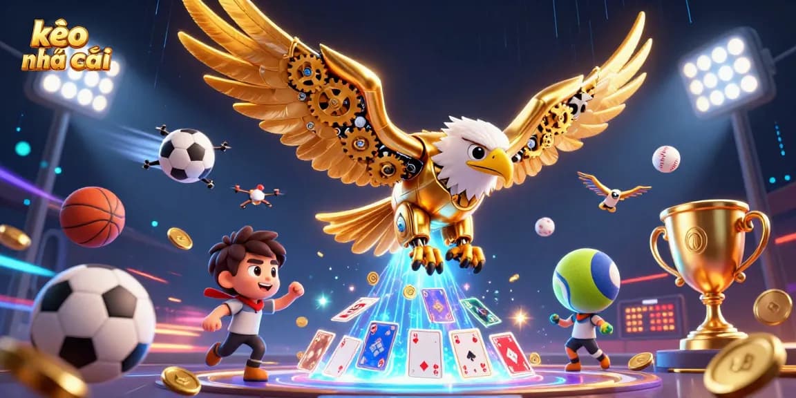 Experience kèo nhà cái excitement with a cybernetic eagle amidst vibrant sports betting elements.
