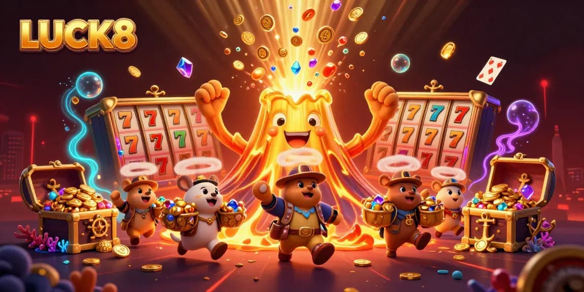 LUCK8 immerses players in a lively casino scene with coins, slots, and treasure adventures.