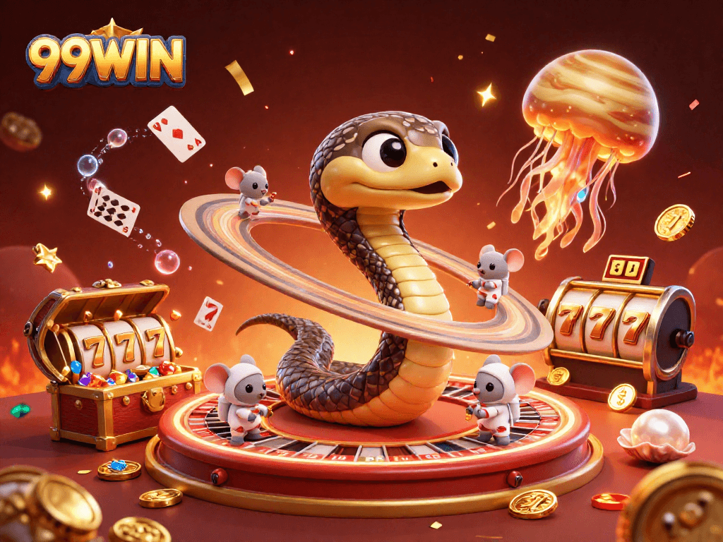 Experience the thrill of 99WIN with tiny astronaut mice betting on a roulette-style Saturn planet.