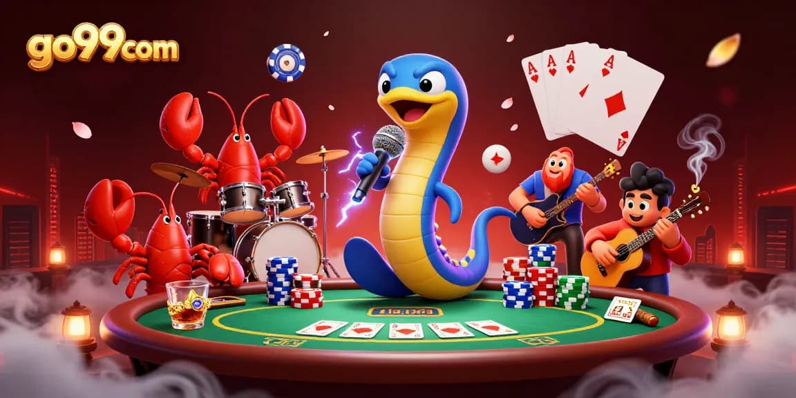 Go99com showcases an underwater casino scene with an electric eel DJ and vibrant poker elements.