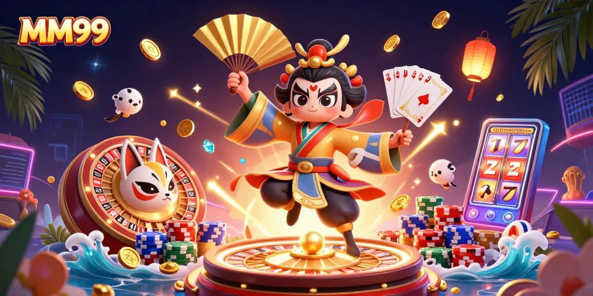 Unleash winnings with MM99 in this vibrant casino illustration showcasing exciting game elements.