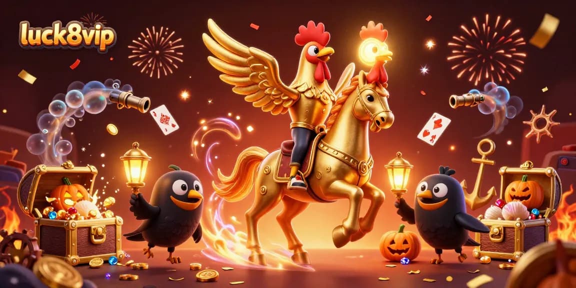 Engage in thrilling gameplay at luck8vip with vibrant golden rooster characters in a magical casino setting.