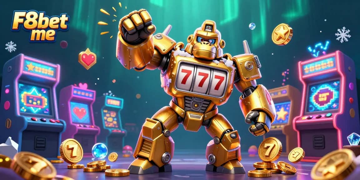 Experience thrilling gameplay at F8bet me with an energetic 3D illustration of a casino mech and arcade elements.