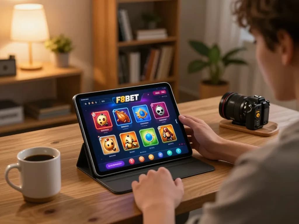Player enjoying F8BET casino app on tablet amid cozy home setting with warm lighting and personal touches.