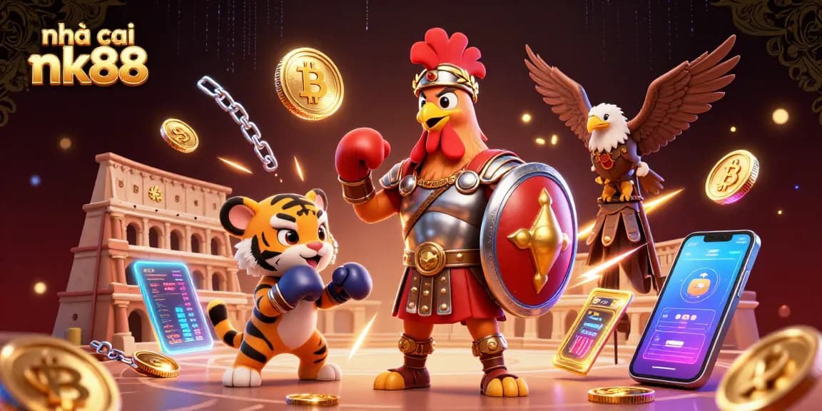 Join the action at nhà cái nk88 with an epic 3D illustration of a rooster gladiator and crypto elements in a thrilling arena.