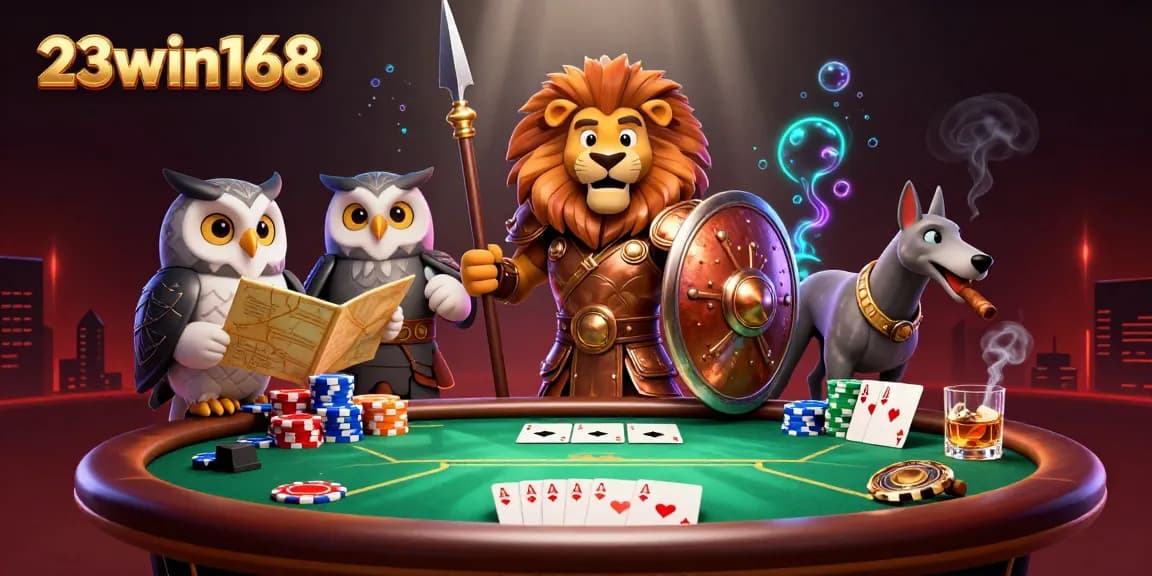 Experience thrilling gameplay with 23win168 as Spartan lion, owl strategist, and greyhound messenger surround a vibrant poker scene.