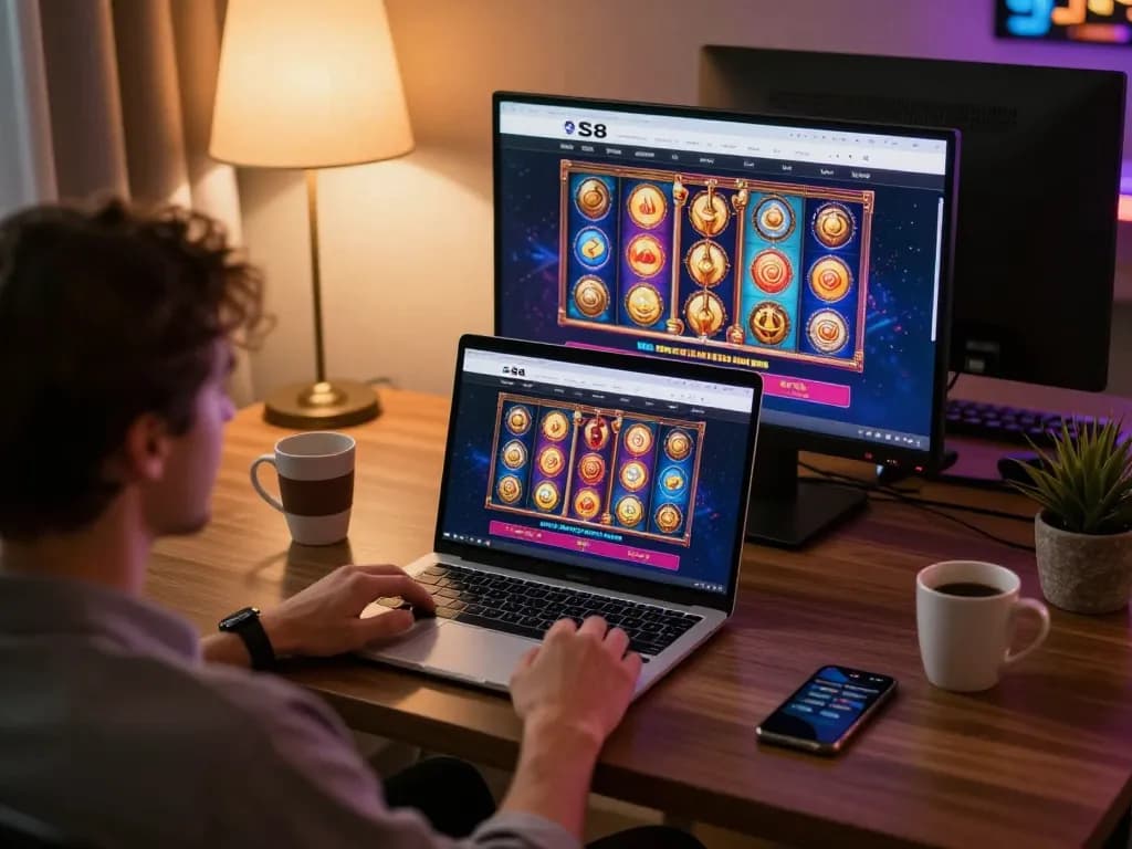 Player enjoying games on S8 com, laptop screen showing colorful slot action in cozy home setup