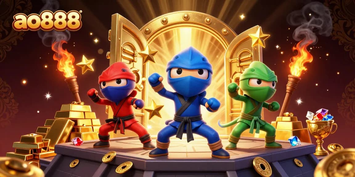 Engage in thrilling action at ao888 with chameleon ninjas surrounded by golden treasures.