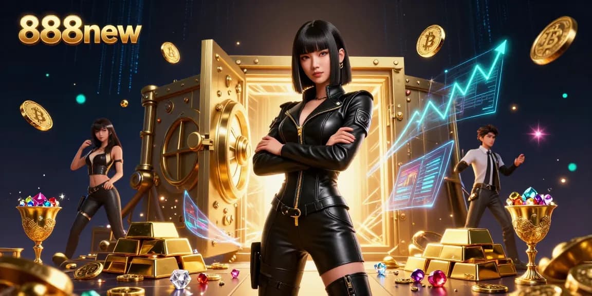 Experience exhilarating gaming at 888new with vibrant illustrations of rich gold treasures and casino excitement.
