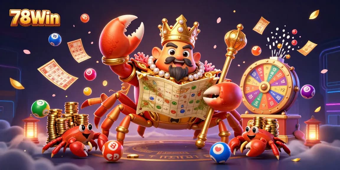 Engage in thrilling bets with 78Win's vibrant casino atmosphere featuring golden crab emperor and lively game elements.