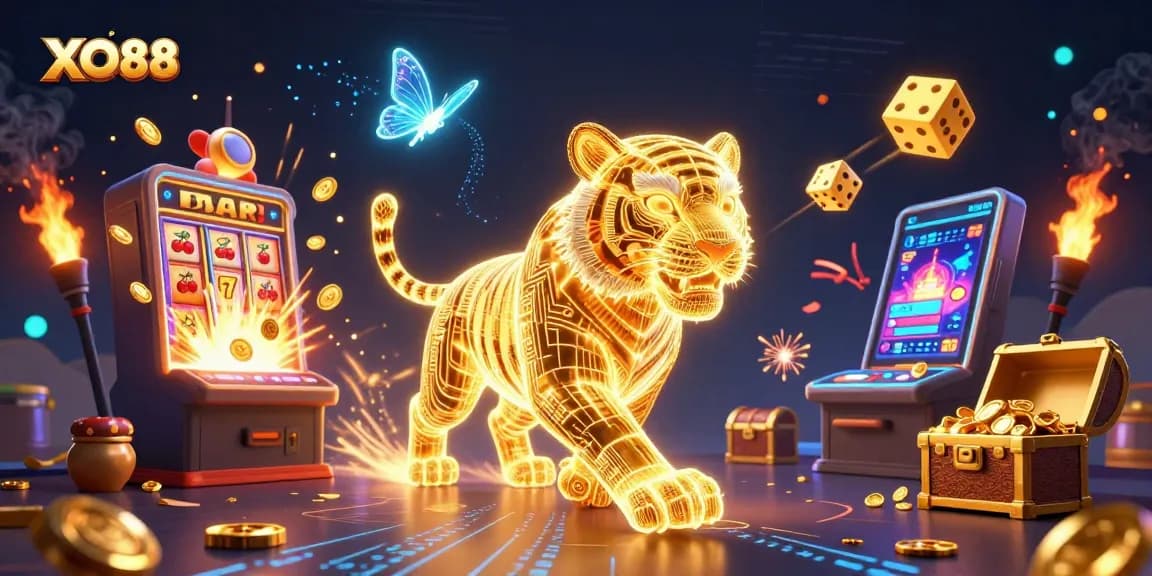 Experience the vibrant world of XO88 with neon tigers and slot jackpots igniting excitement.