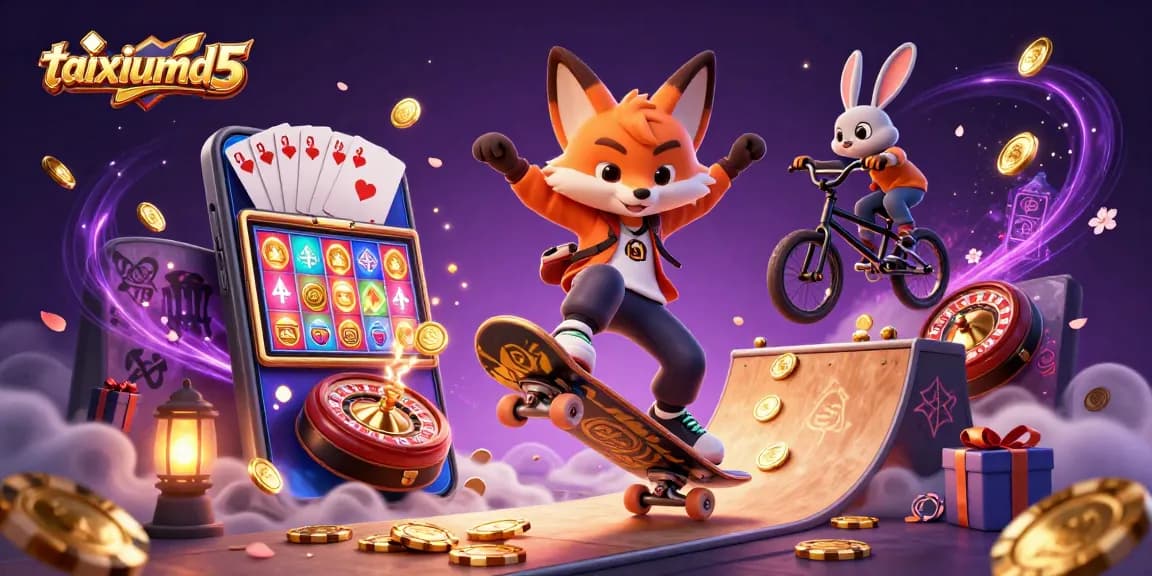 Join the excitement of taixiumd5 with a skateboarder fox and BMX rabbit in a vibrant casino scene.