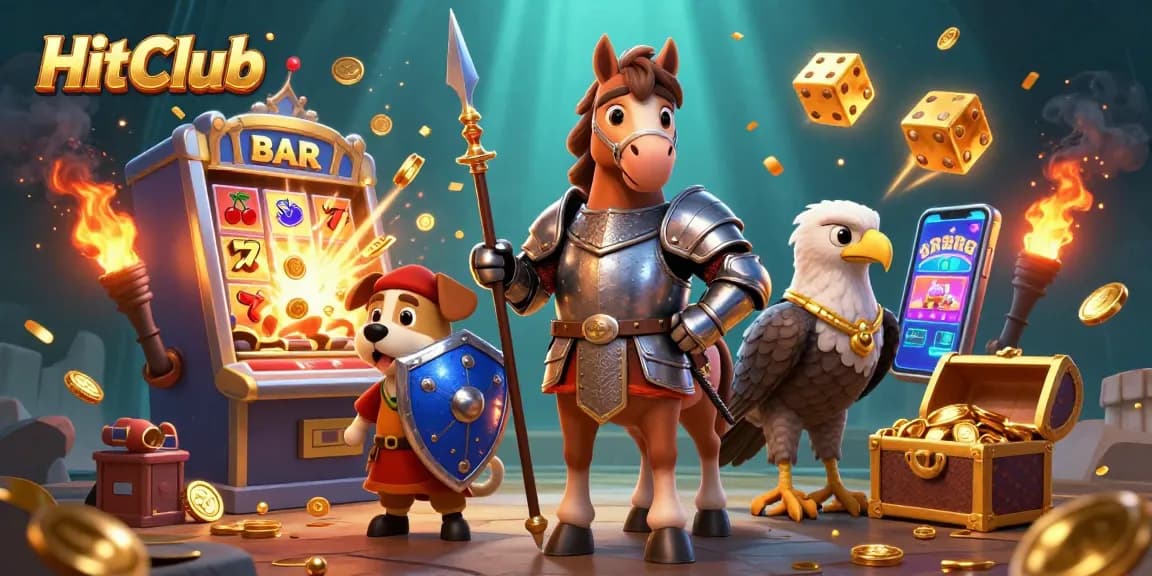 HitClub's captivating jackpot scene bursts with coins, colorful symbols, lively characters, and casino energy.