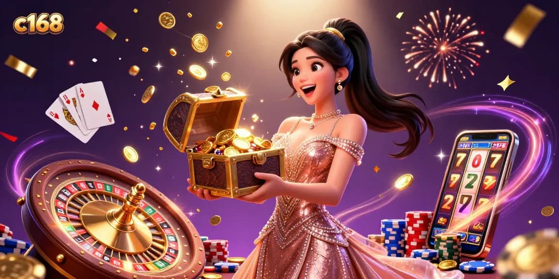 Engage in thrilling casino action with c168, showcasing a luxurious treasure chest overflowing with golden coins and gems.
