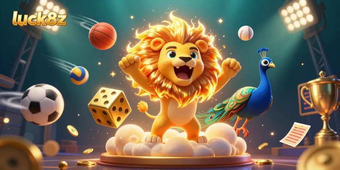 Immerse in luck8z's vibrant casino experience with a roaring lion, golden dice, and dynamic sports elements
