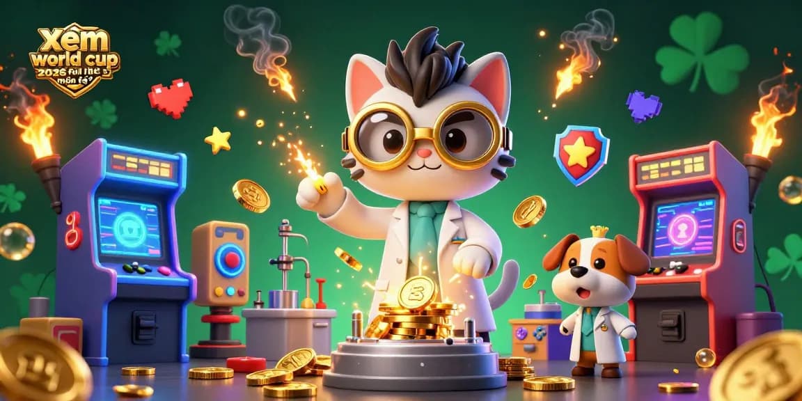 Experience xem world cup 2026 full hd miễn phí with exciting visuals of a gaming scene featuring a mad scientist cat and lab dog.