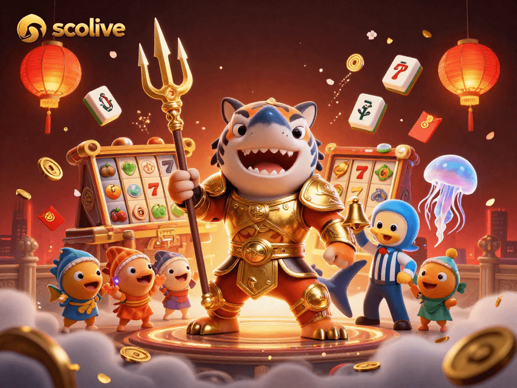 Socolive slots scene featuring a golden shark gladiator and colorful 3D gaming elements.