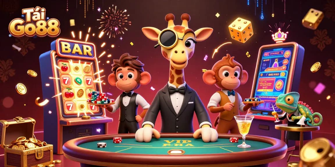 Tải Go88 as players enjoy vibrant slot games, featuring a giraffe at a poker table and dynamic casino elements.