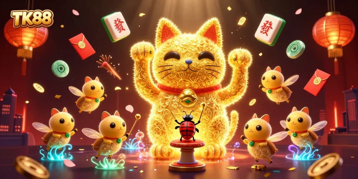 Join the excitement at TK88 with a vibrant lucky cat scene depicting lively casino elements and gameplay.