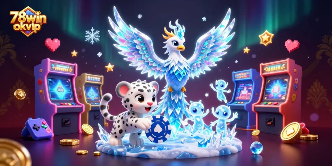 Engage with 78win okvip in an immersive 3D casino scene featuring vibrant characters and gaming elements.