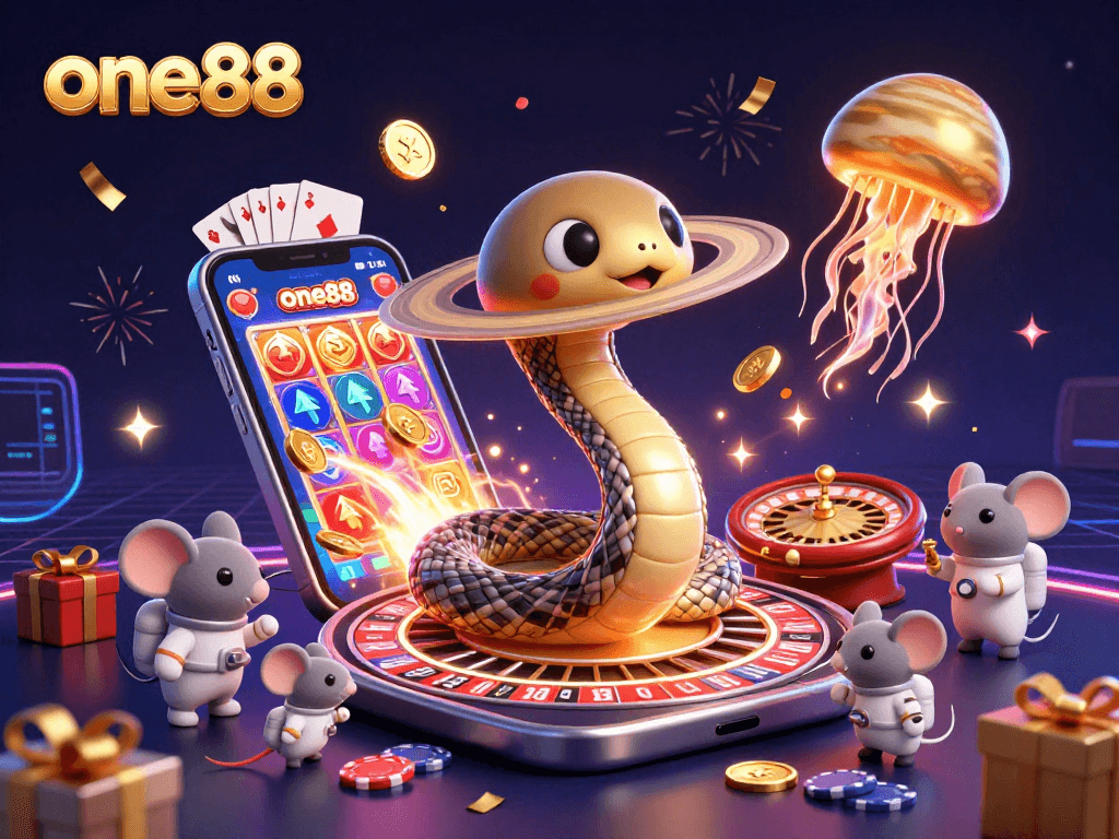 Experience the thrill of betting with one88 in a vibrant casino scene featuring snakes and astronauts!