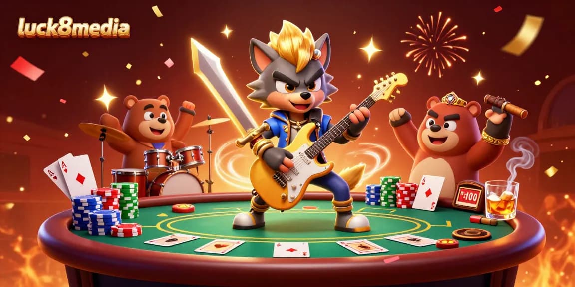 Engage with luck8media's exciting gameplay featuring a rock star wolf, energetic bear drummer, and vibrant casino atmosphere.