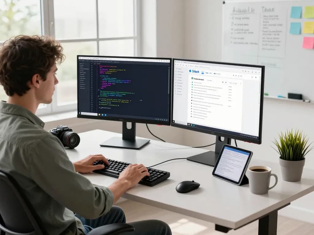 Developer using clawdbot ai on dual monitors in a modern workspace with vibrant code and collaborative tools.