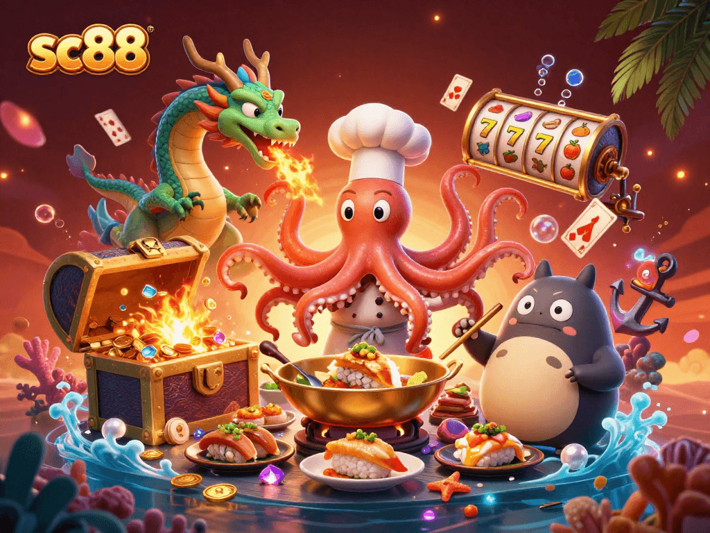 Engage with sc88 in this vibrant 3D casino scene featuring a sushi chef octopus and a wasabi dragon.
