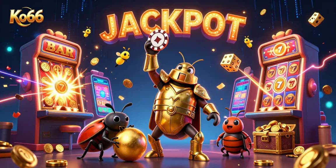 Win big with Ko66 at the casino, featuring an epic beetle in gladiator armor lifting a poker chip!