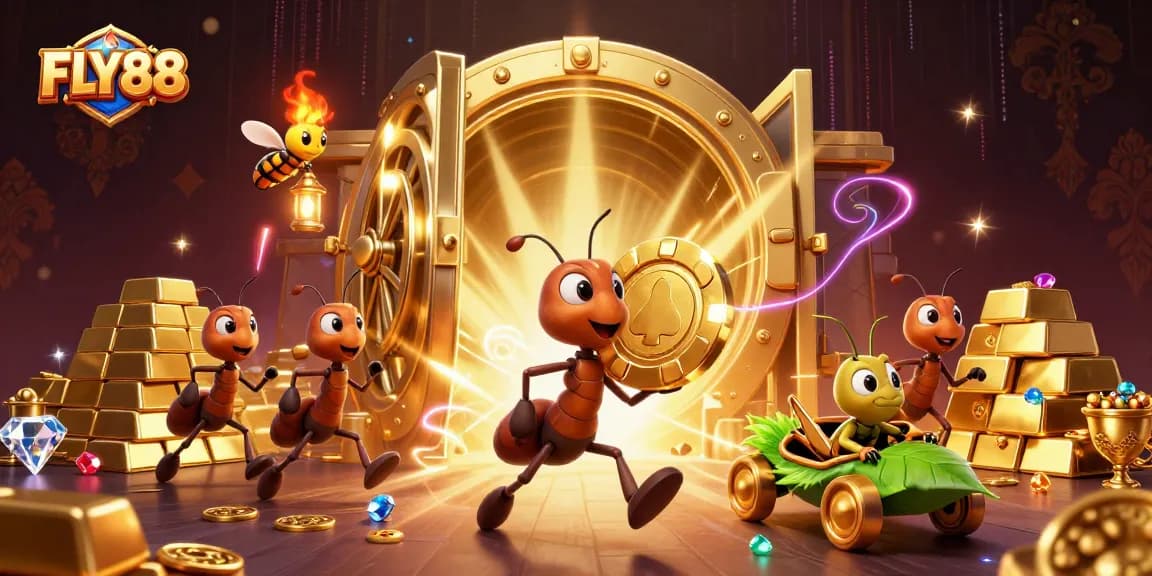 FLY88 showcases an adventurous heist featuring cartoon ants with poker chips and treasures.