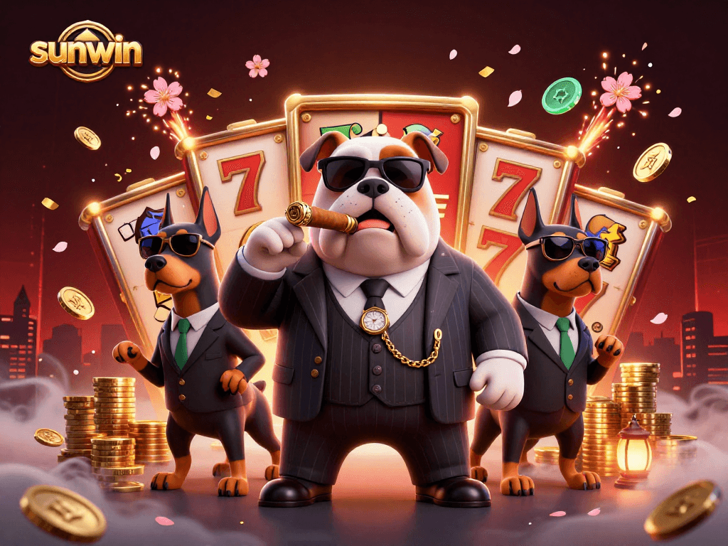 Experience sunwin's vibrant slot scene with a 3D cartoon mafia bulldog and glowing elements.