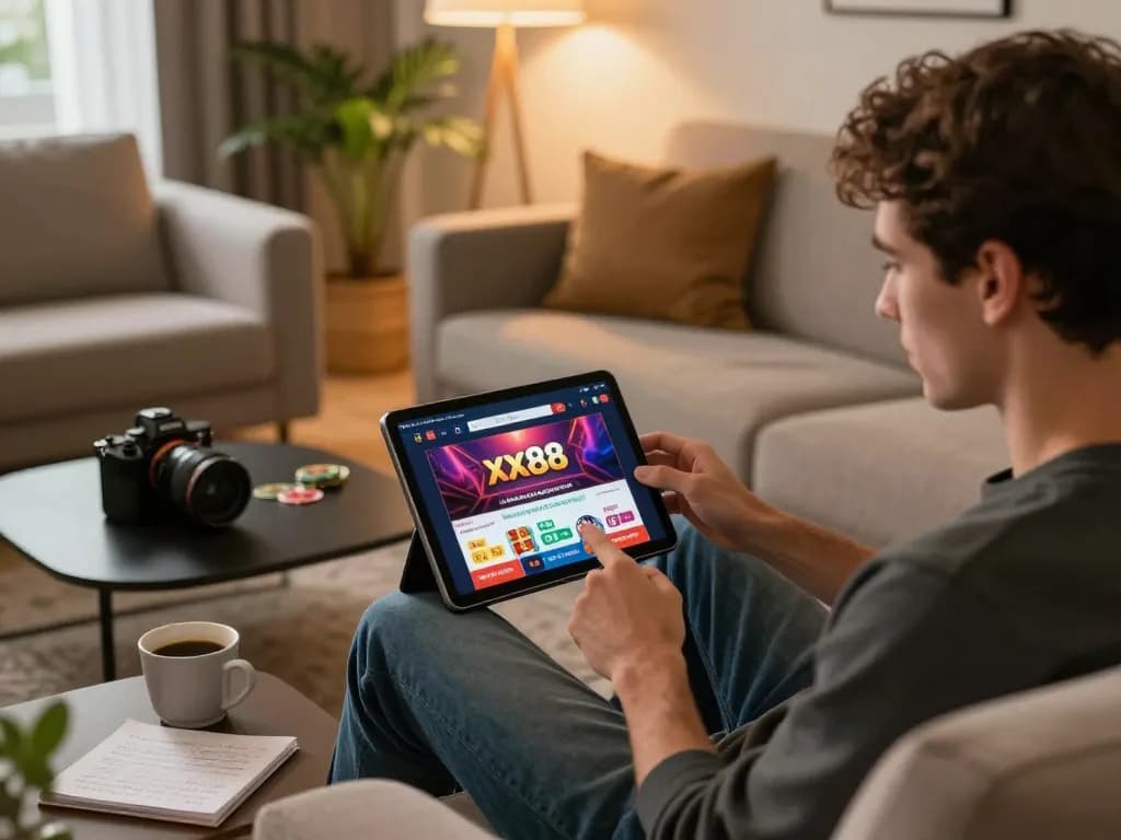 Engaged player enjoying xx88 casino app on tablet at home, capturing responsible gaming atmosphere.