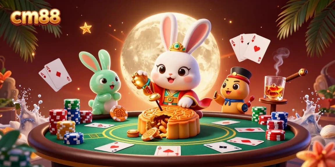 Experience thrilling gameplay with cm88 at a vibrant lunar poker scene featuring moon rabbits and colorful chips.