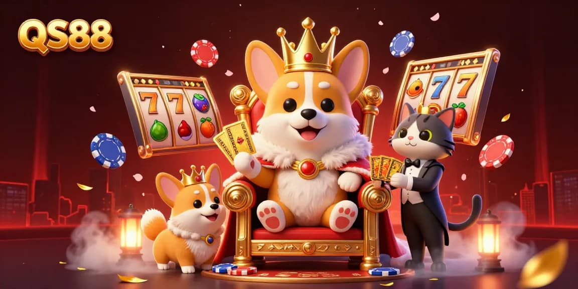 Experience QS88 with a lavish royal corgi in a dynamic online casino environment featuring slot reels and vibrant gaming elements.