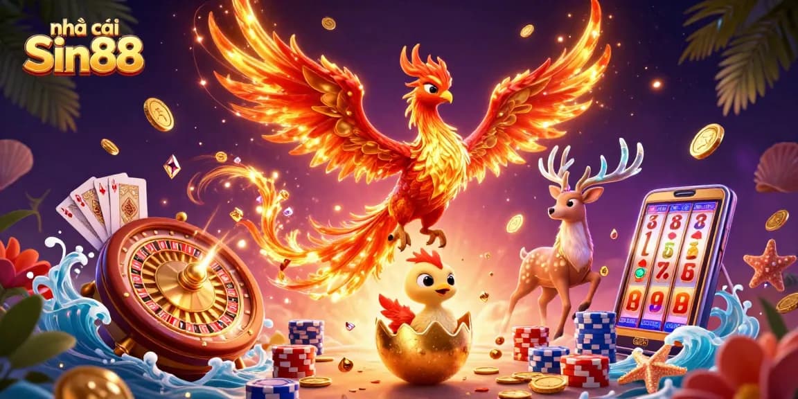 Experience the vibrant world of nhà cái Sin88 with a fiery phoenix, golden coins, and exciting game elements.