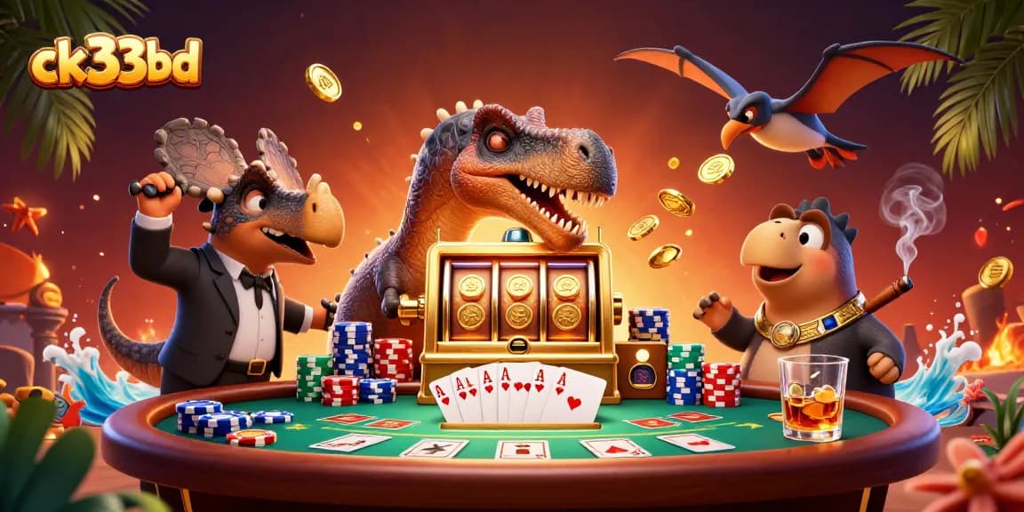 Experience ck33bd jackpot thrills with a cartoon dinosaur winning at a casino slot machine