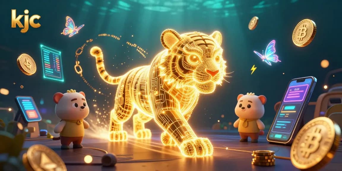 Engage with the exciting world of kjc online gambling featuring a neon tiger amidst crypto elements.