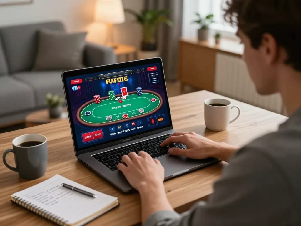 Player engaging in online poker at home using MM88 on a laptop with strategic notes and cozy decor.