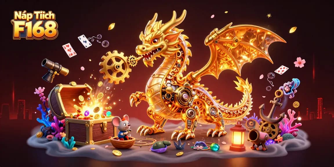Experience the fun of Nạp Tiền F168 with a vibrant scene featuring a golden dragon and exciting treasure.
