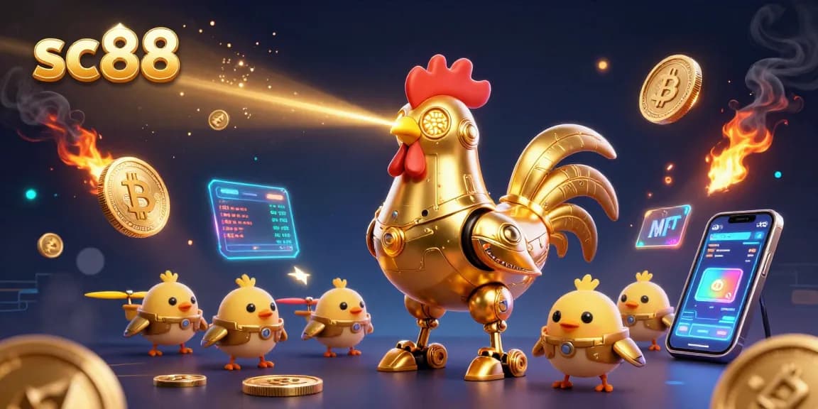Bet on sc88 with a dynamic scene of a golden rooster robot and baby chick drones, surrounded by crypto elements.