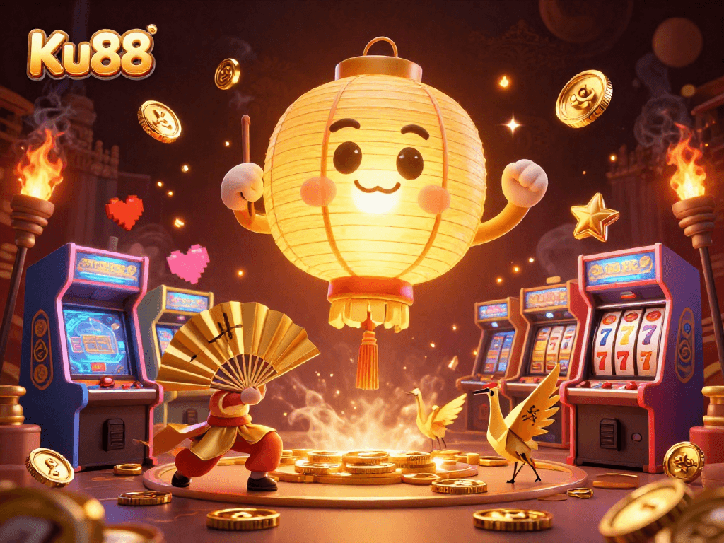 Experience thrilling gameplay at Ku88, featuring a vibrant casino scene with giant lanterns and slot machines.