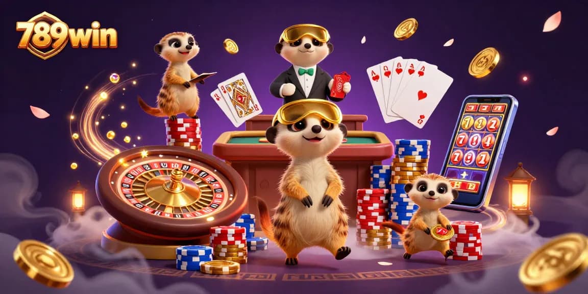 Experience thrilling gameplay at 789win with colorful chip towers and a dynamic meerkat casino scene.