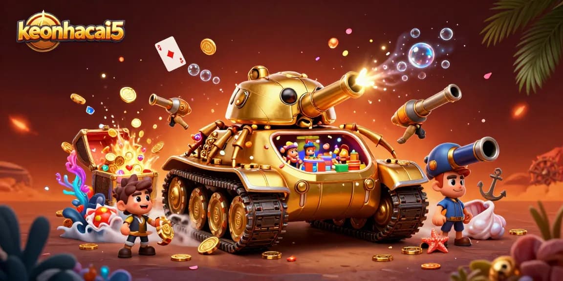 Experience the vibrant gaming scene of keonhacai5 with a golden beetle tank casino bursting with excitement and treasures.
