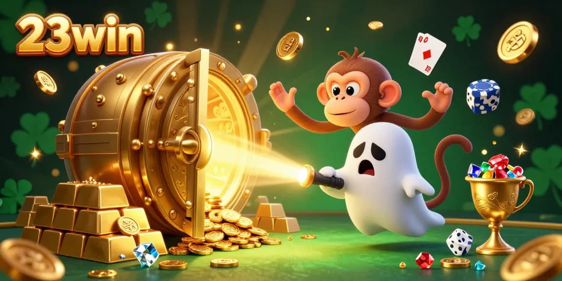 Experience excitement at 23win’s vibrant casino with a mischievous monkey and curious puppy in an enchanting scene.